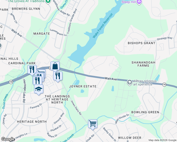map of restaurants, bars, coffee shops, grocery stores, and more near 1116 Touchstone Way in Wake Forest