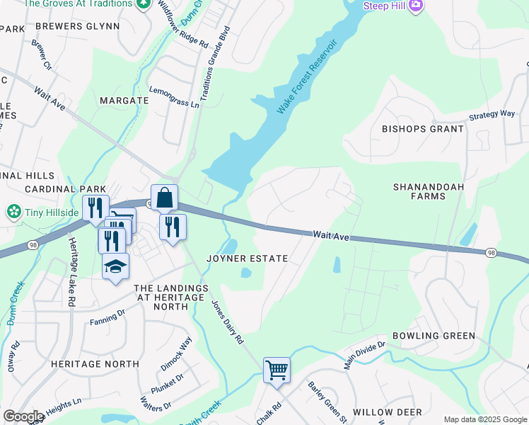 map of restaurants, bars, coffee shops, grocery stores, and more near 111 Stone Park Drive in Wake Forest