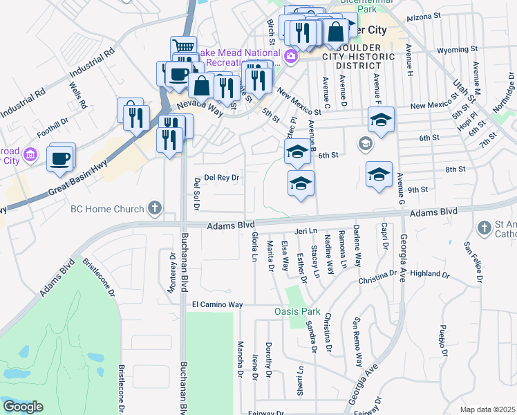 map of restaurants, bars, coffee shops, grocery stores, and more near 839 Benita Place in Boulder City