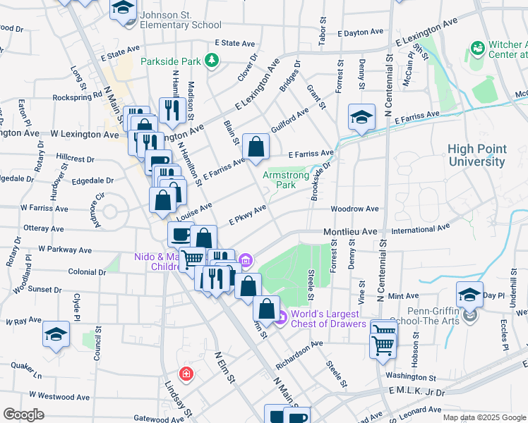 map of restaurants, bars, coffee shops, grocery stores, and more near 234 East Parkway Avenue in High Point