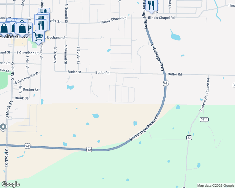 map of restaurants, bars, coffee shops, grocery stores, and more near 801 Butler Road in Prairie Grove
