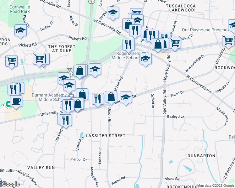 map of restaurants, bars, coffee shops, grocery stores, and more near 2929 Chapel Hill Road in Durham