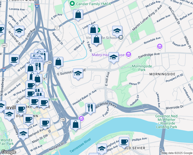 map of restaurants, bars, coffee shops, grocery stores, and more near 991 East Hill Avenue in Knoxville