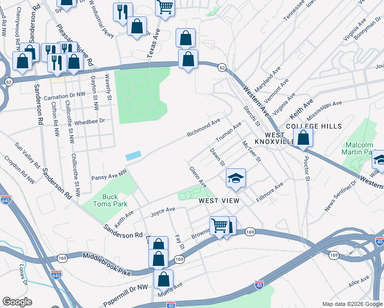 map of restaurants, bars, coffee shops, grocery stores, and more near 2629 Truman Avenue in Knoxville