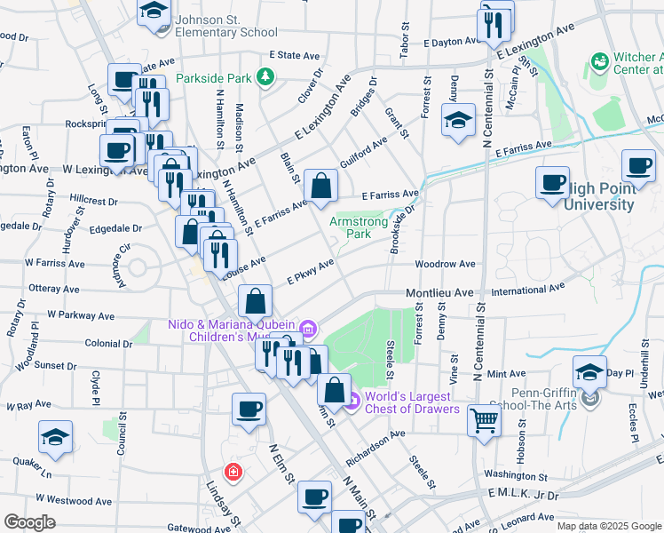 map of restaurants, bars, coffee shops, grocery stores, and more near 234 East Parkway Avenue in High Point
