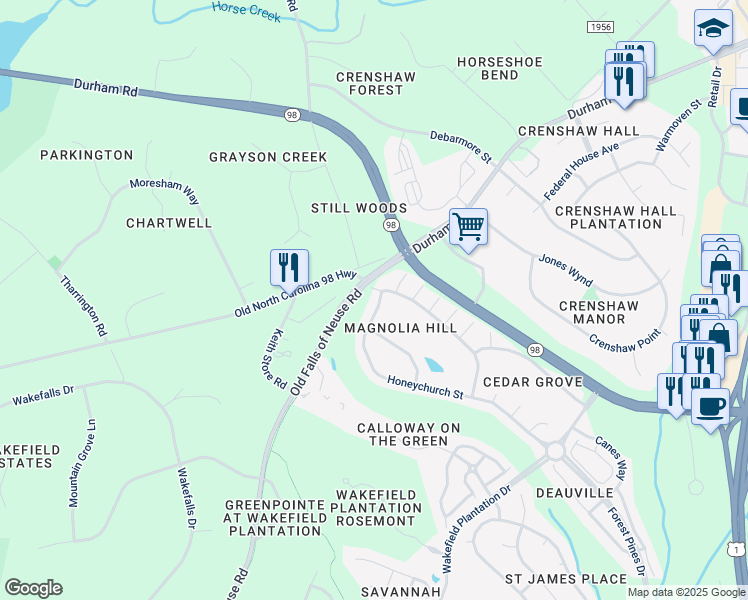 map of restaurants, bars, coffee shops, grocery stores, and more near 12625 Honeychurch Street in Raleigh