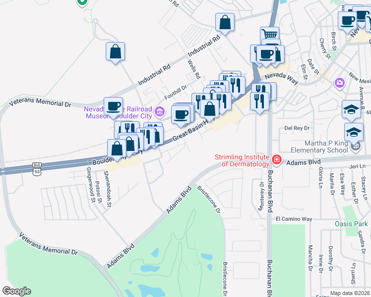 map of restaurants, bars, coffee shops, grocery stores, and more near 1521 Franklin Lane in Boulder City