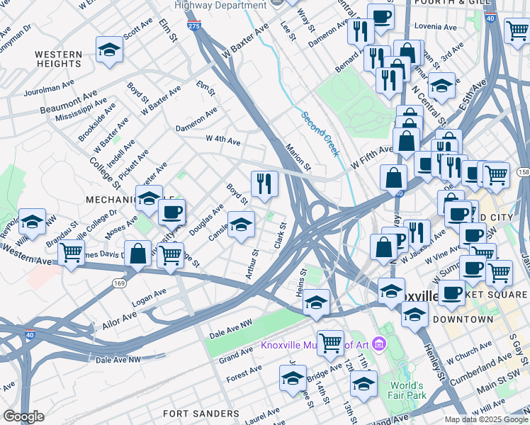 map of restaurants, bars, coffee shops, grocery stores, and more near 419 Arthur Street in Knoxville