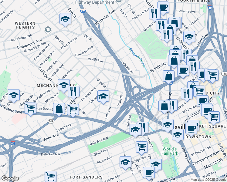 map of restaurants, bars, coffee shops, grocery stores, and more near 419 Arthur Street in Knoxville