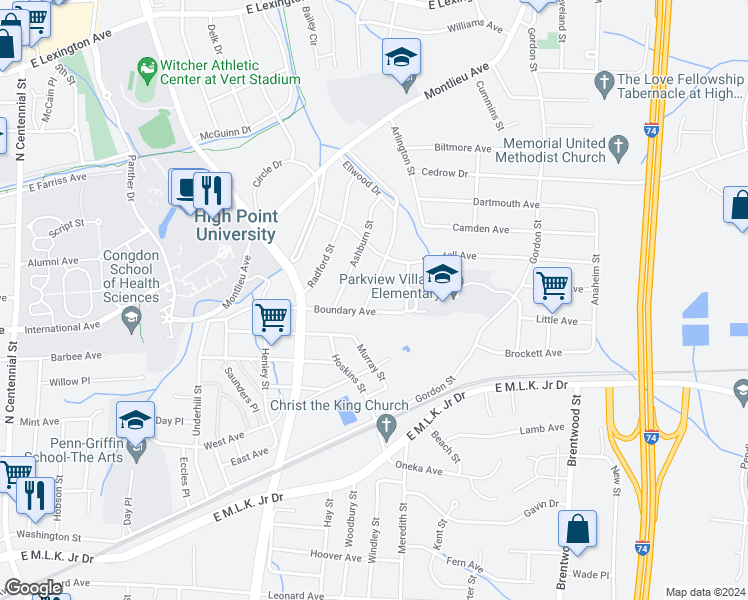 map of restaurants, bars, coffee shops, grocery stores, and more near 504 Ellwood Drive in High Point