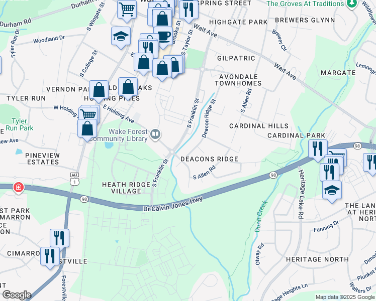 map of restaurants, bars, coffee shops, grocery stores, and more near 628 Deacon Ridge Street in Wake Forest