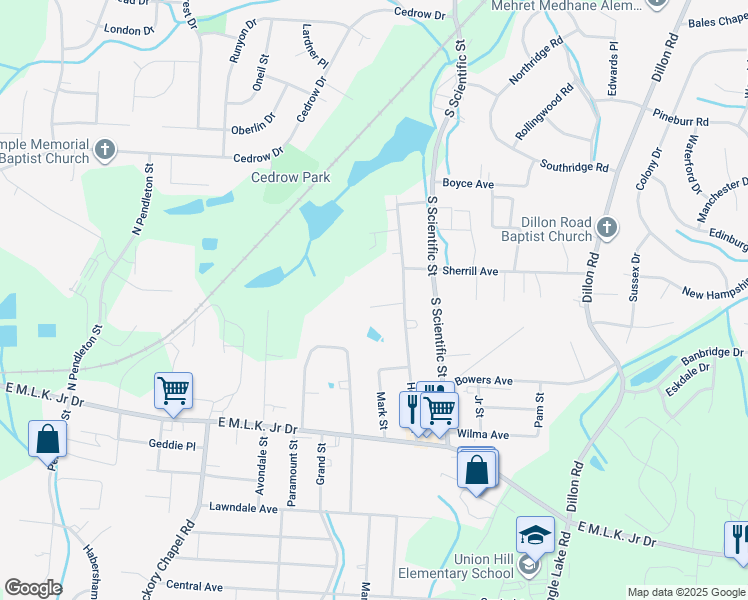 map of restaurants, bars, coffee shops, grocery stores, and more near 3407 Lovington Court in High Point