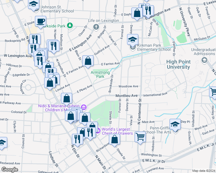 map of restaurants, bars, coffee shops, grocery stores, and more near Woodrow Avenue in High Point
