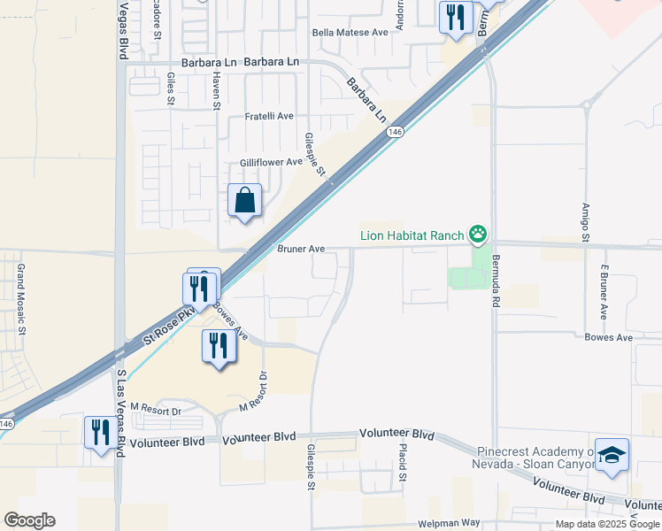 map of restaurants, bars, coffee shops, grocery stores, and more near 12215 Gilespie Street in Henderson