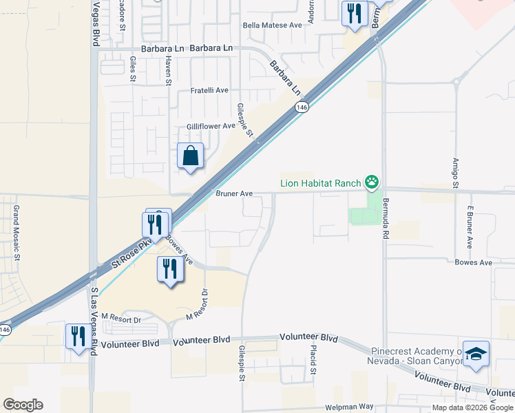 map of restaurants, bars, coffee shops, grocery stores, and more near 12215 Gilespie Street in Henderson