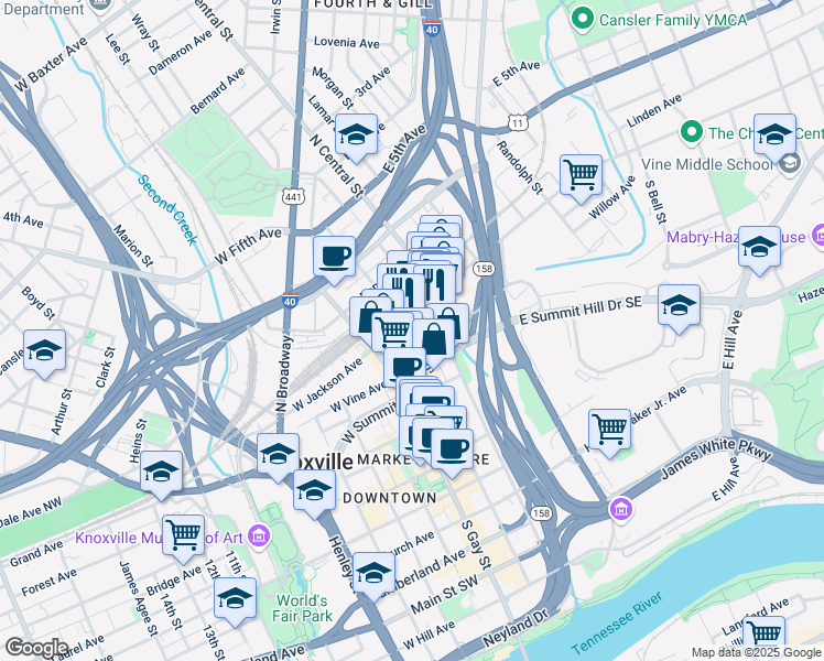 map of restaurants, bars, coffee shops, grocery stores, and more near 118 West Jackson Avenue in Knoxville