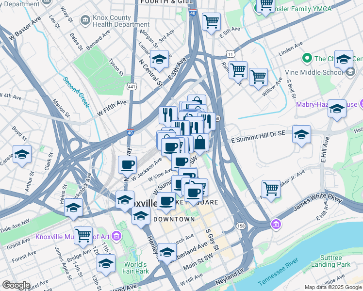 map of restaurants, bars, coffee shops, grocery stores, and more near 118 West Jackson Avenue in Knoxville