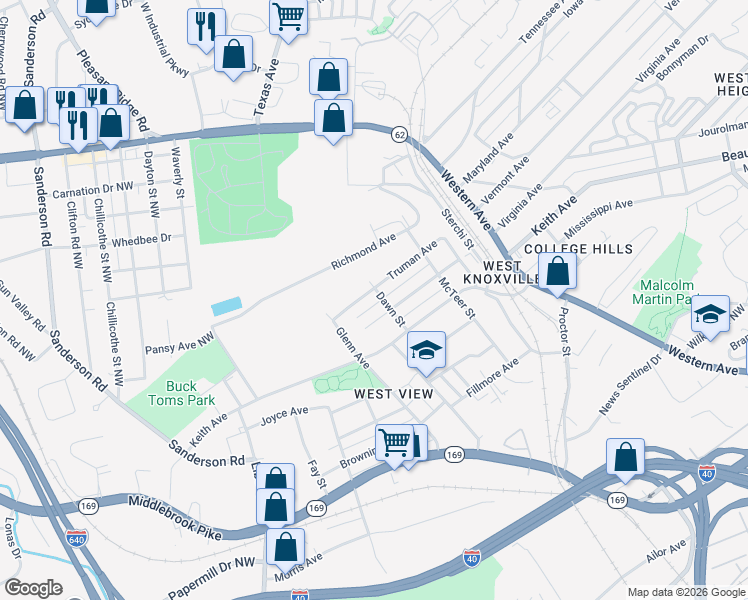 map of restaurants, bars, coffee shops, grocery stores, and more near 2601 Truman Avenue in Knoxville