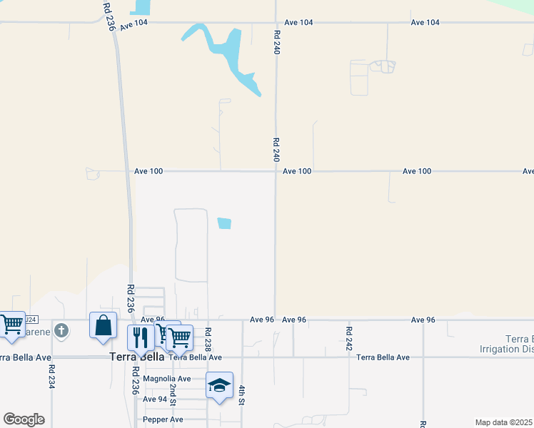 map of restaurants, bars, coffee shops, grocery stores, and more near 9883 Road 240 in Terra Bella