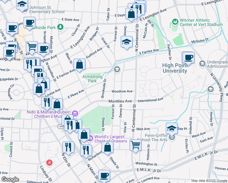 map of restaurants, bars, coffee shops, grocery stores, and more near Woodrow Avenue in High Point