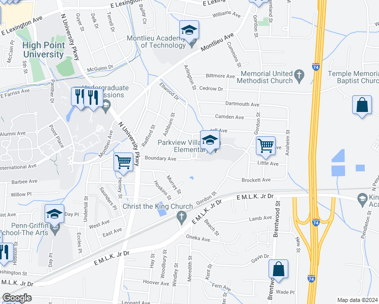 map of restaurants, bars, coffee shops, grocery stores, and more near 505 Henry Place in High Point
