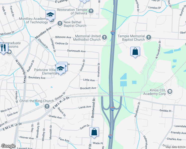 map of restaurants, bars, coffee shops, grocery stores, and more near 1520 Willard Avenue in High Point