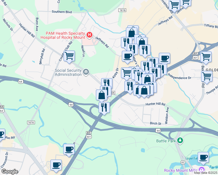 map of restaurants, bars, coffee shops, grocery stores, and more near 810 Hunter Hill Road in Rocky Mount