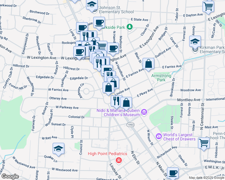 map of restaurants, bars, coffee shops, grocery stores, and more near 1104 North Main Street in High Point