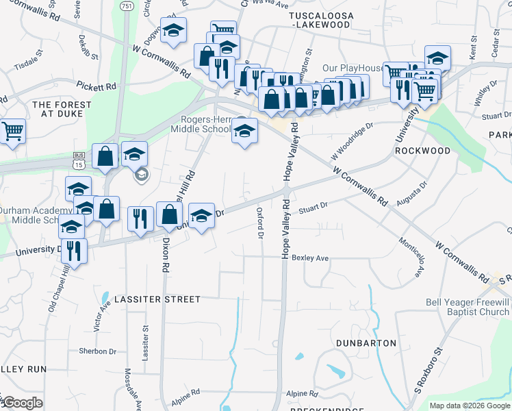 map of restaurants, bars, coffee shops, grocery stores, and more near 3000 Oxford Drive in Durham