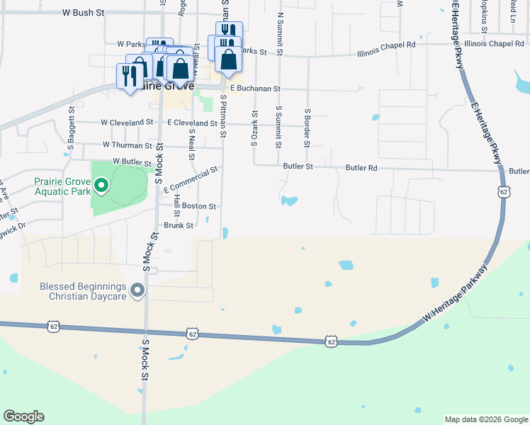map of restaurants, bars, coffee shops, grocery stores, and more near 609 Butler Road in Prairie Grove
