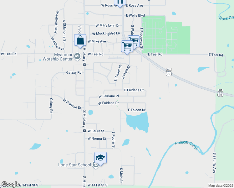 map of restaurants, bars, coffee shops, grocery stores, and more near 49 West Fairlane Place in Sapulpa