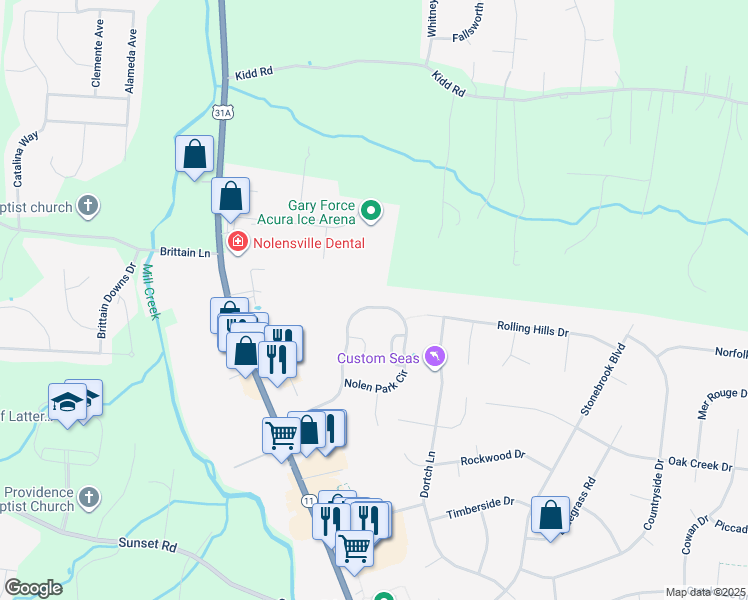 map of restaurants, bars, coffee shops, grocery stores, and more near 7086 Nolen Park Circle in Nolensville