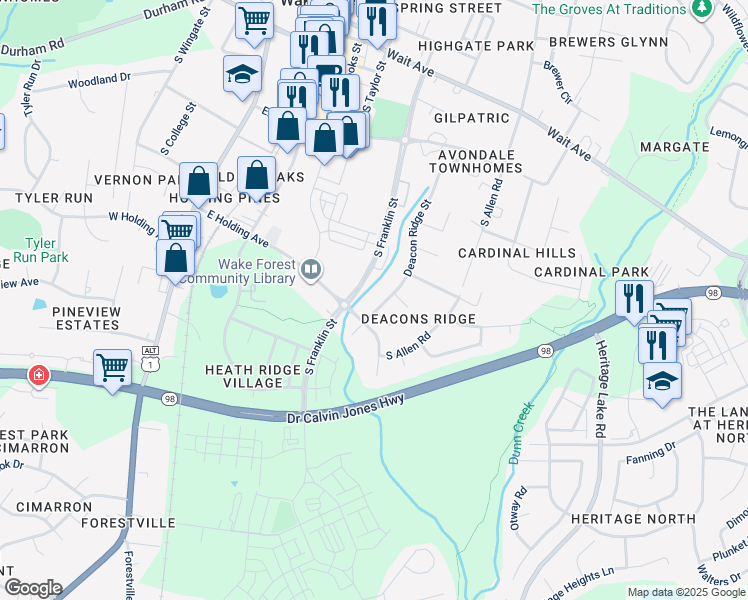 map of restaurants, bars, coffee shops, grocery stores, and more near 628 Deacon Ridge Street in Wake Forest