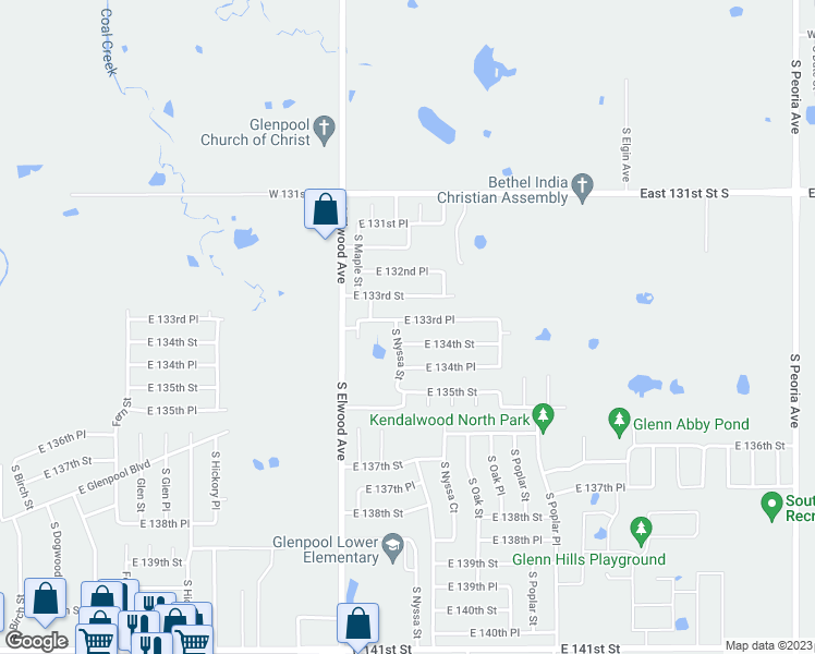 map of restaurants, bars, coffee shops, grocery stores, and more near 1206 East 133rd Place in Glenpool