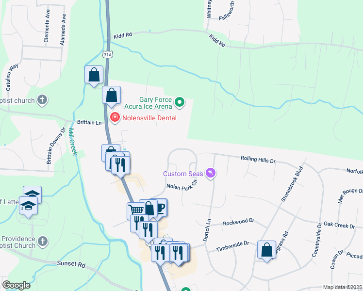 map of restaurants, bars, coffee shops, grocery stores, and more near 7086 Nolen Park Circle in Nolensville
