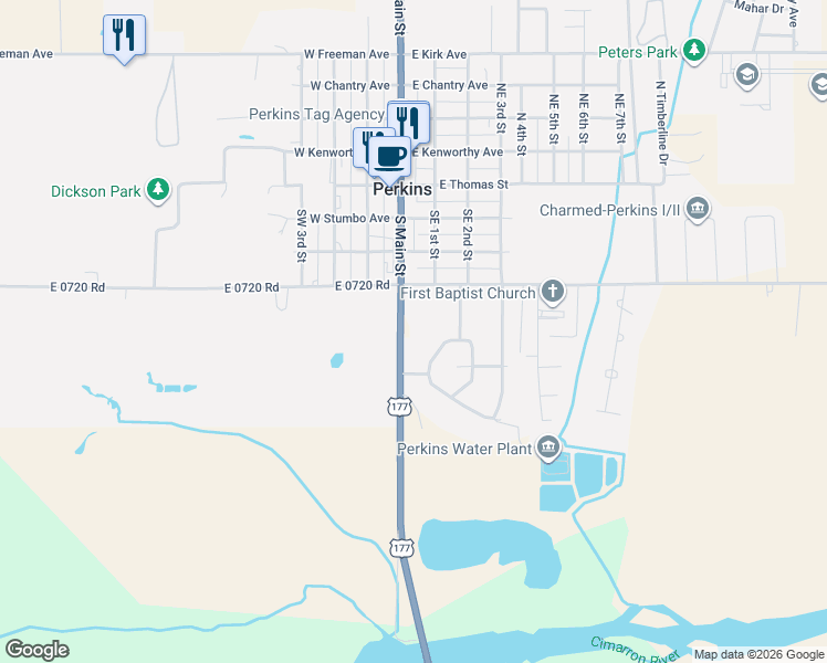 map of restaurants, bars, coffee shops, grocery stores, and more near 501 South Main Street in Perkins