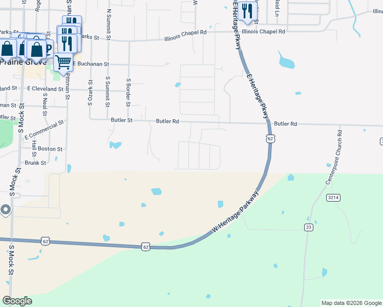 map of restaurants, bars, coffee shops, grocery stores, and more near 801 Butler Road in Prairie Grove