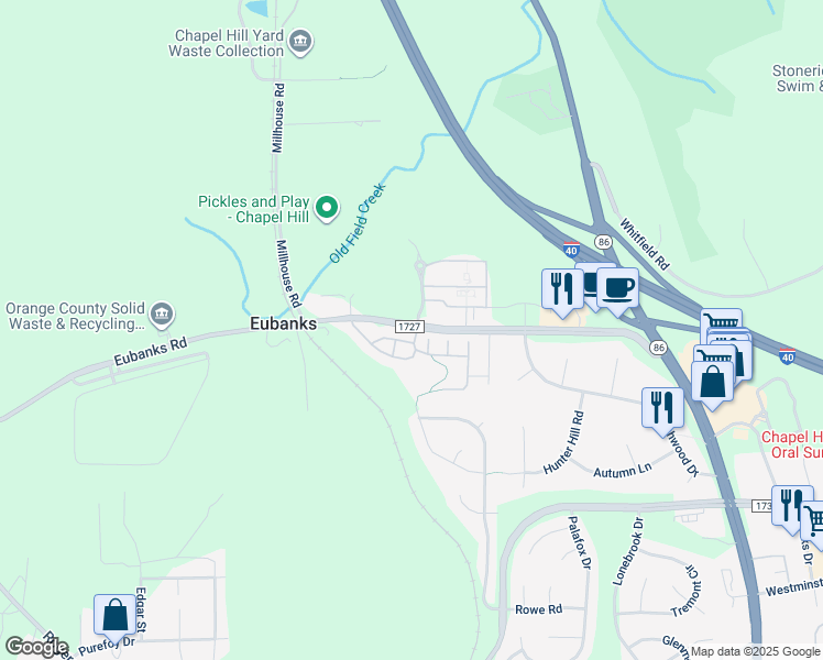 map of restaurants, bars, coffee shops, grocery stores, and more near 100 Ginkgo Trail in Chapel Hill