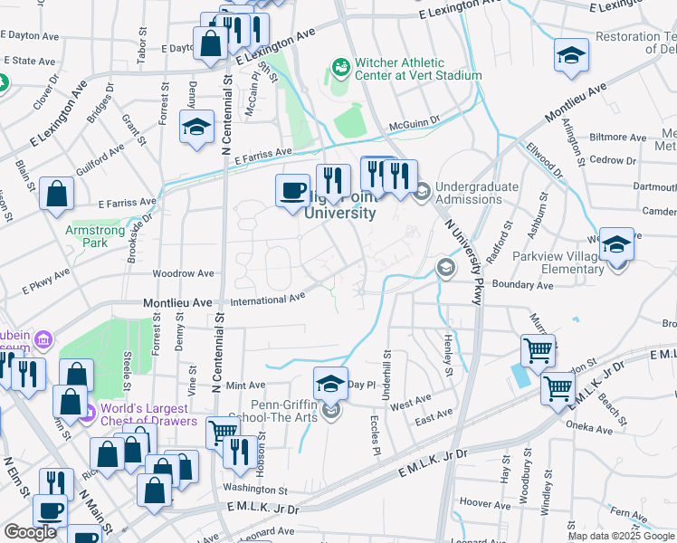 map of restaurants, bars, coffee shops, grocery stores, and more near University Avenue in High Point