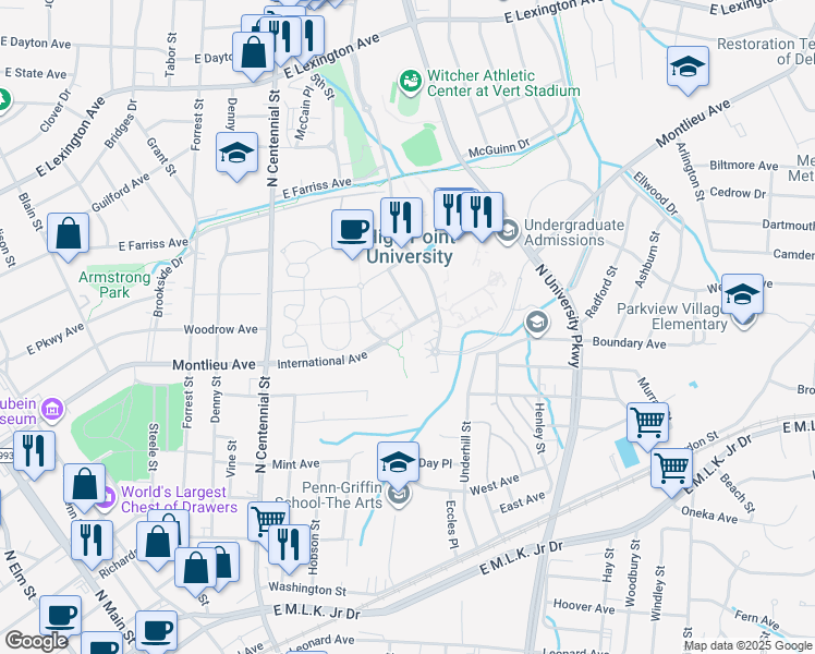 map of restaurants, bars, coffee shops, grocery stores, and more near University Avenue in High Point