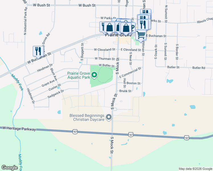 map of restaurants, bars, coffee shops, grocery stores, and more near 501 South Mock Street in Prairie Grove