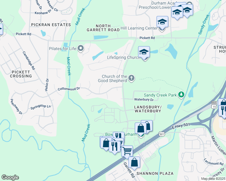 map of restaurants, bars, coffee shops, grocery stores, and more near 3417 Cottonwood Drive in Durham