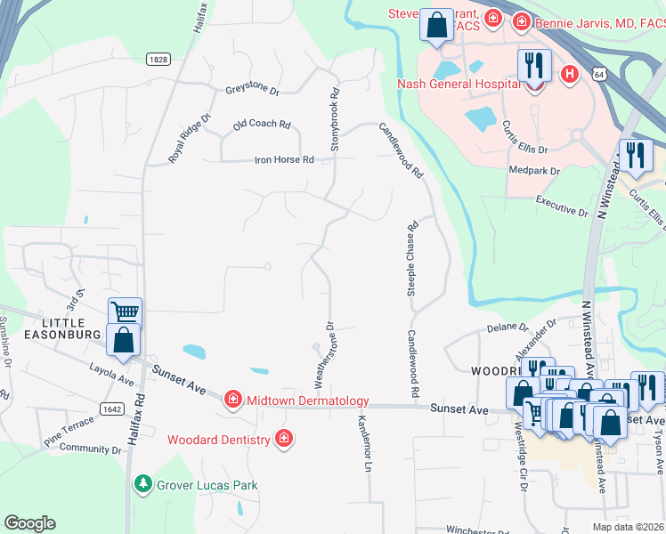 map of restaurants, bars, coffee shops, grocery stores, and more near 104 Autumn Ct in Rocky Mt