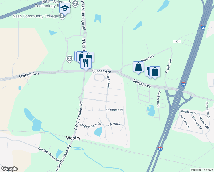 map of restaurants, bars, coffee shops, grocery stores, and more near 4790 Gardenia Circle in Rocky Mount