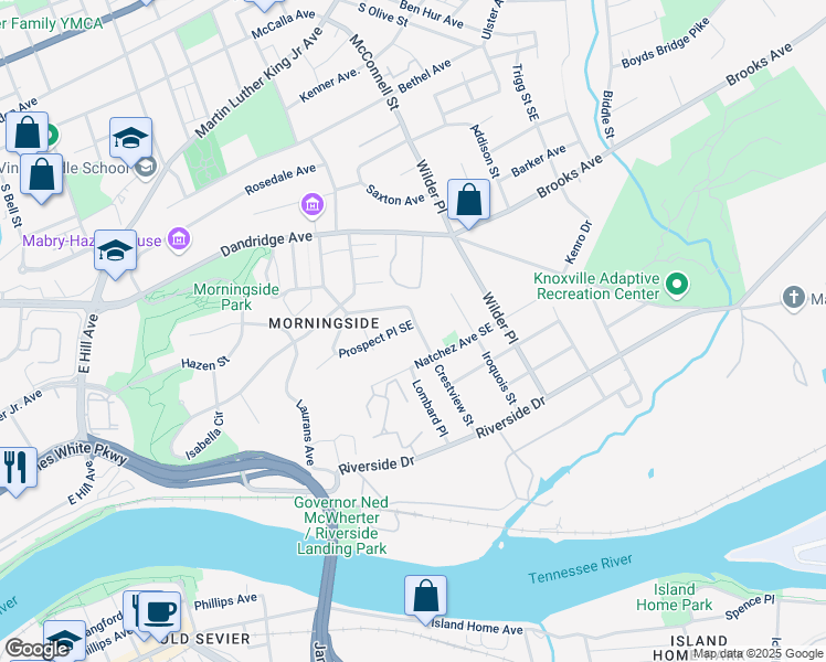 map of restaurants, bars, coffee shops, grocery stores, and more near 1112 Crestview Street in Knoxville