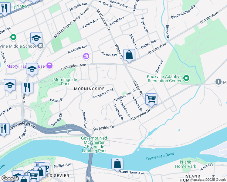 map of restaurants, bars, coffee shops, grocery stores, and more near 1112 Crestview Street in Knoxville