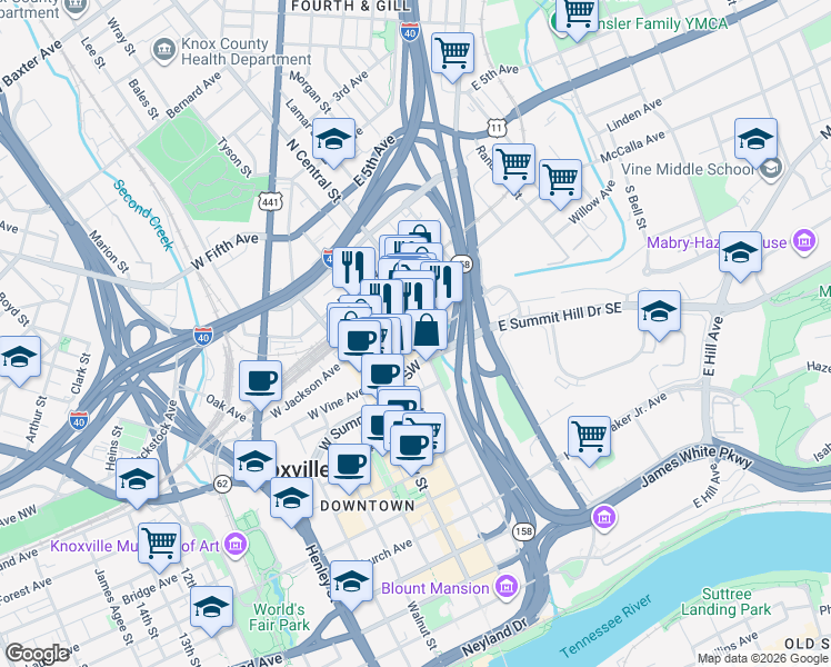 map of restaurants, bars, coffee shops, grocery stores, and more near 118 West Jackson Avenue in Knoxville