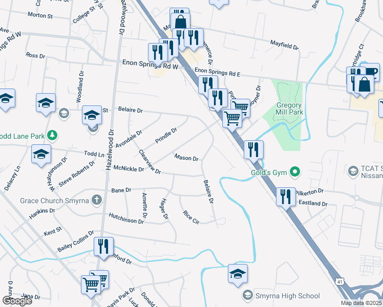 map of restaurants, bars, coffee shops, grocery stores, and more near 214 McNickle Drive in Smyrna