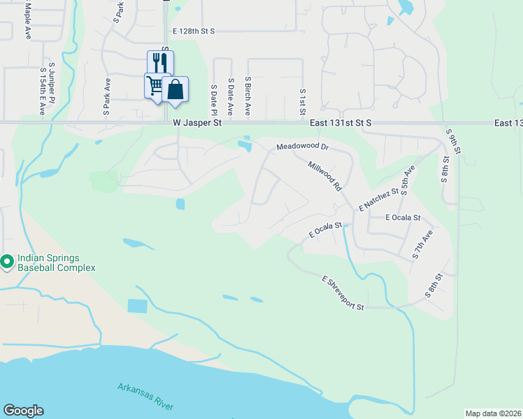 map of restaurants, bars, coffee shops, grocery stores, and more near 671 Meadowood Drive in Broken Arrow