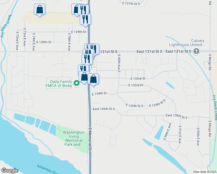 map of restaurants, bars, coffee shops, grocery stores, and more near 8402 East 133rd Street South in Bixby